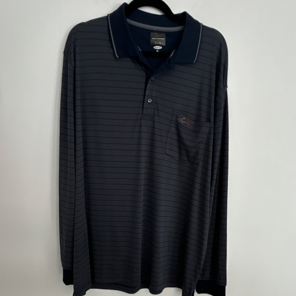 Greg Norman for Tasso Elba Play Dry Men's XL Gray Striped LS Polo Golf